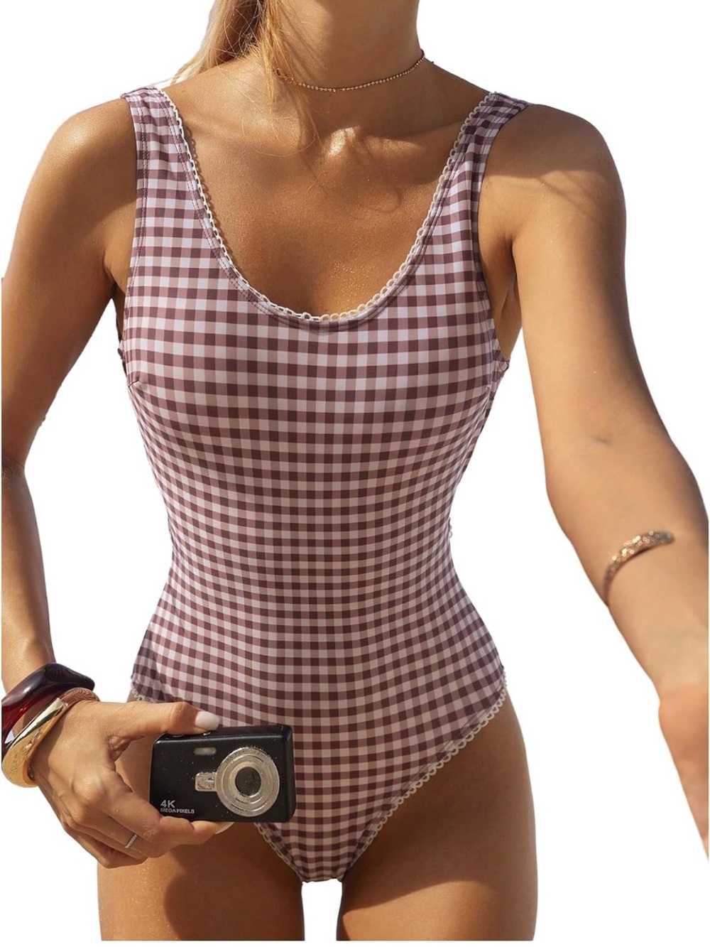 Gingham One Piece Swimsuit Tummy Control Open Back S. 2205/bb4-1